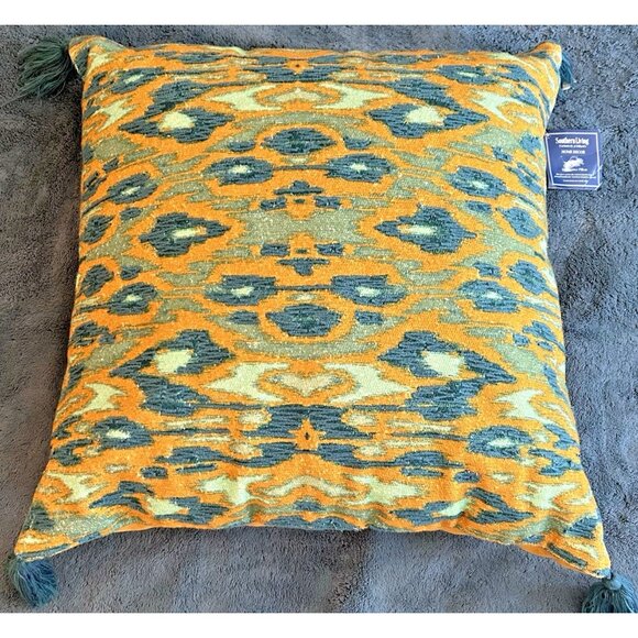 Woven Jute Turquoise Mustard Throw Pillow NWT Southern Living 22" Sq Tasseled - Picture 1 of 10